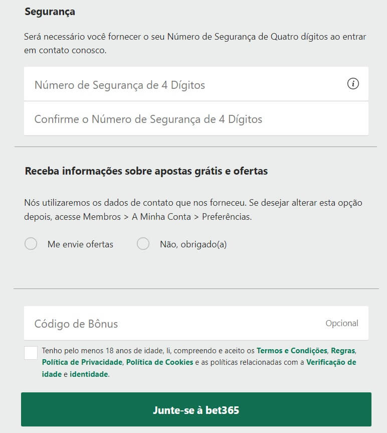 Seção de cadastro de uma nova conta no site de apostas da Bet365 para preenchimento do número de segurança e código de bônus.