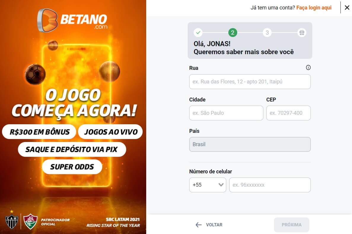 2ª etapa de cadastro de uma nova conta no site de apostas da Betano com preenchimento do endereço e número de celular.