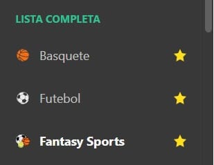 menu lateral do site da bet365 mostrando onde acessar a área de Fantasy Sports do site.