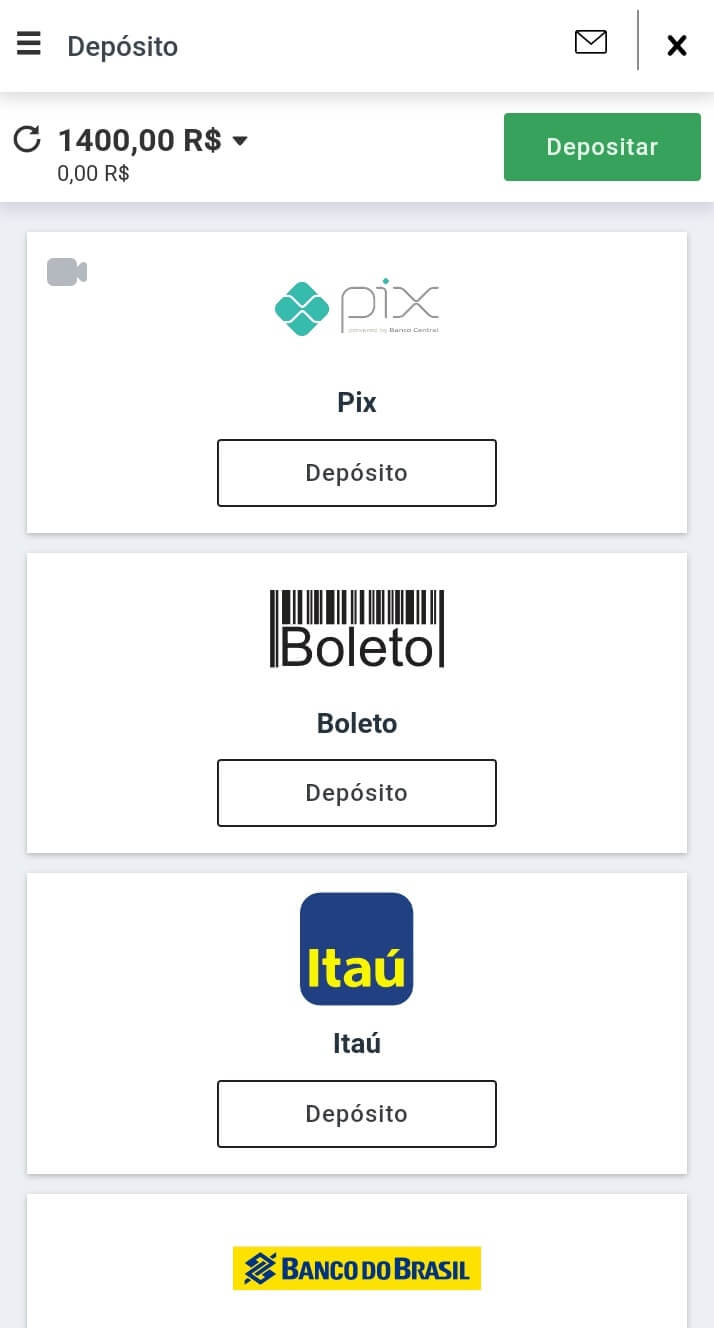 site da Betano na seção de depósitos indicando quais são os métodos de pagamentos disponíveis: PIX, Boleto, Itaú e Banco do Brasil.