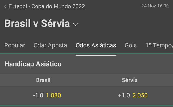 Exemplo do mercado de Handicap Asiático presente na aba "Odds Asiáticas" para a partida entre Brasil e Sérvia na Bet365. Brasil -1.0 e Sérvia +1.0.