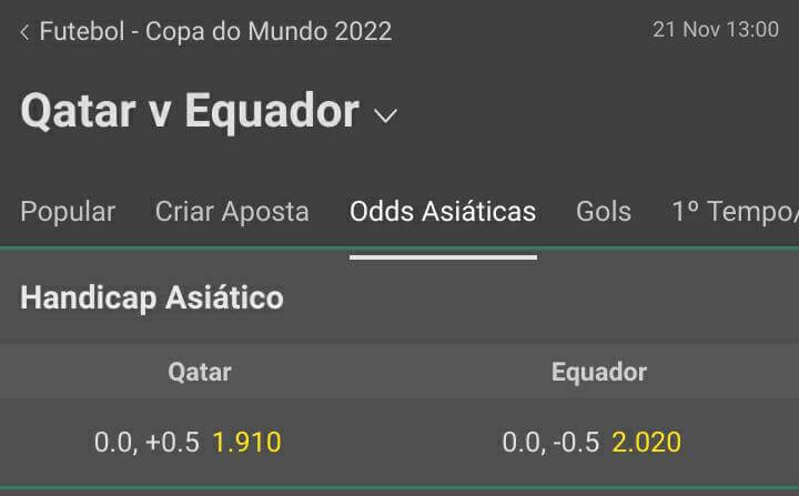 Exemplo do mercado de Handicap Asiático presente na aba "Odds Asiáticas" para a partida entre Qatar e Equador na Bet365. Qatar +0.25 e Equador -0.25.
