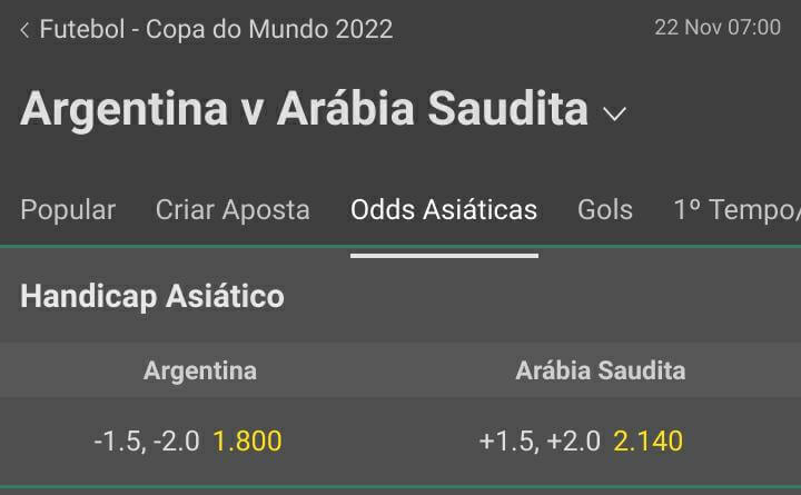 Exemplo do mercado de Handicap Asiático presente na aba "Odds Asiáticas" para a partida entre Argentina e Arábia Saudita na Bet365. Argentina -1.75 e Arábia Saudita +1.75.