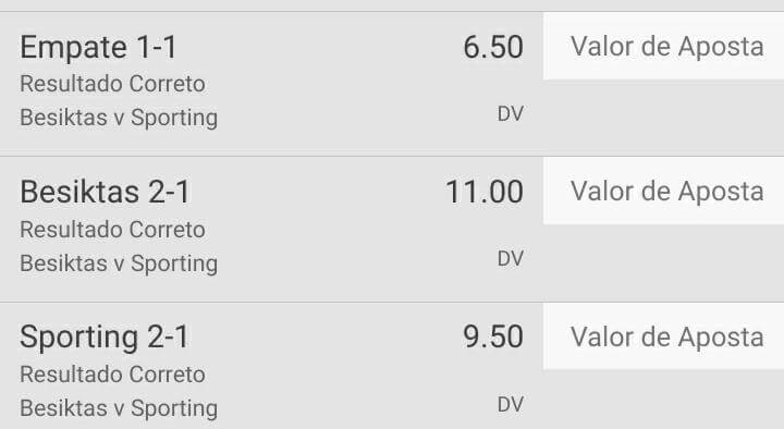 Exemplo de três apostas no mercado de resultado correto para a partida entre Besiktas e Sporting no site de apostas da Bet365.