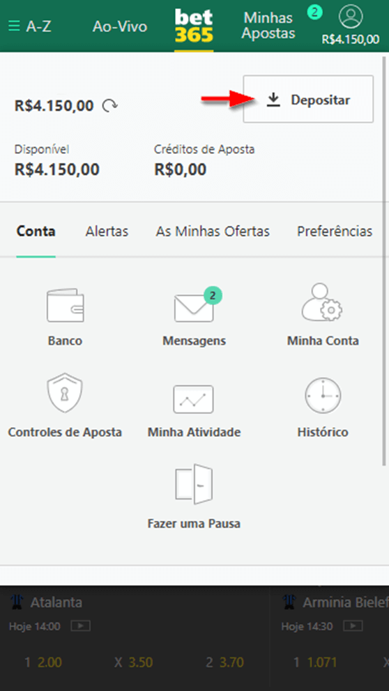 Seção de Minha Conta no site de apostas da Bet365 indicando onde clicar para acessar a área de depósitos do site.