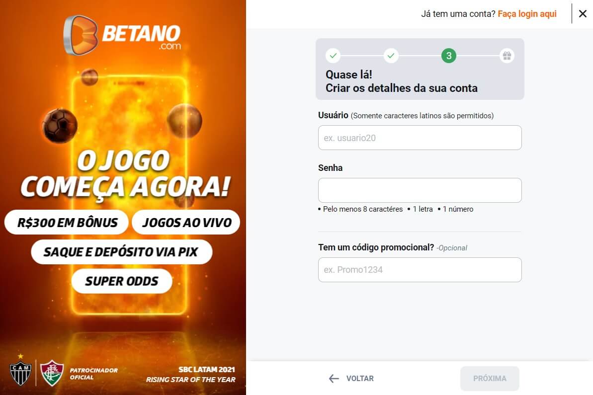 3ª etapa do cadastro de uma nova conta no site de apostas da Betano com o preenchimento de usuário, senha e código promocional.