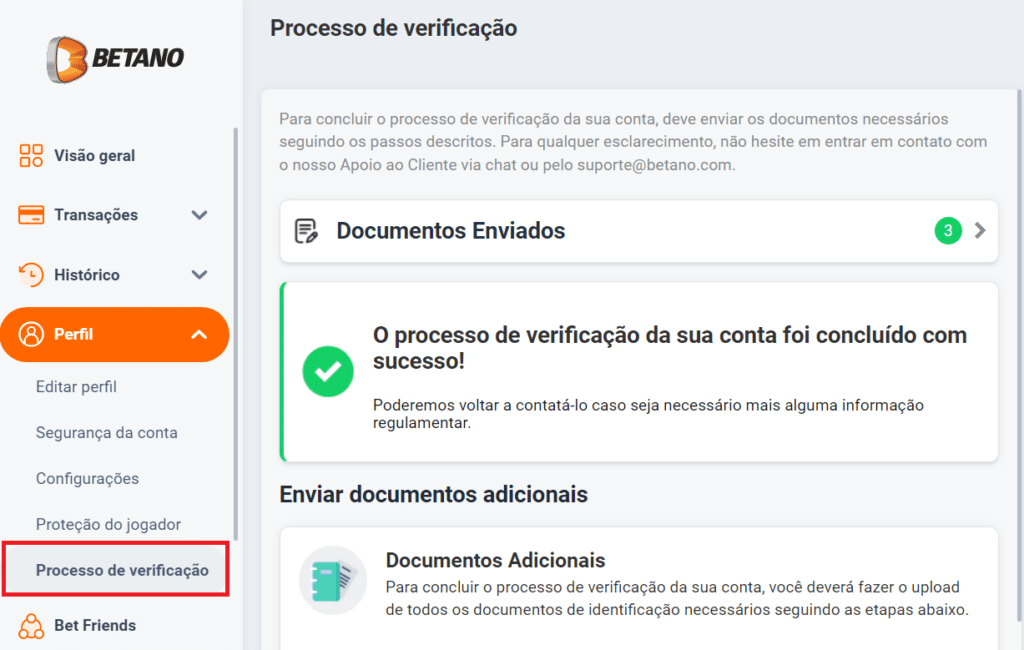 etapa de processo de verificação de documentos para verificação de conta no site de apostas da Betano.