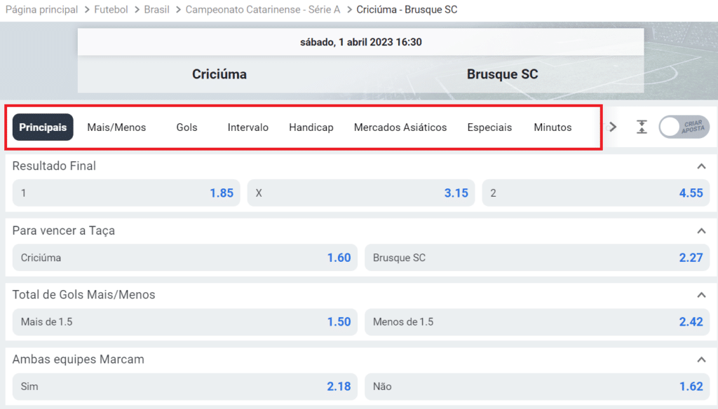 Página de apostas para a partida entre Criciúma e Brusque no site da Betano indicando as abas de mercados de apostas