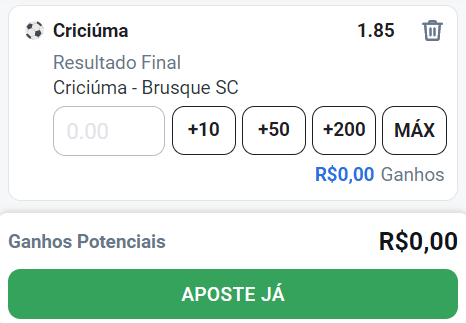 Exemplo do boletim de apostas para uma aposta na vitória do Criciúma indicando a cotação e os ganhos potenciais