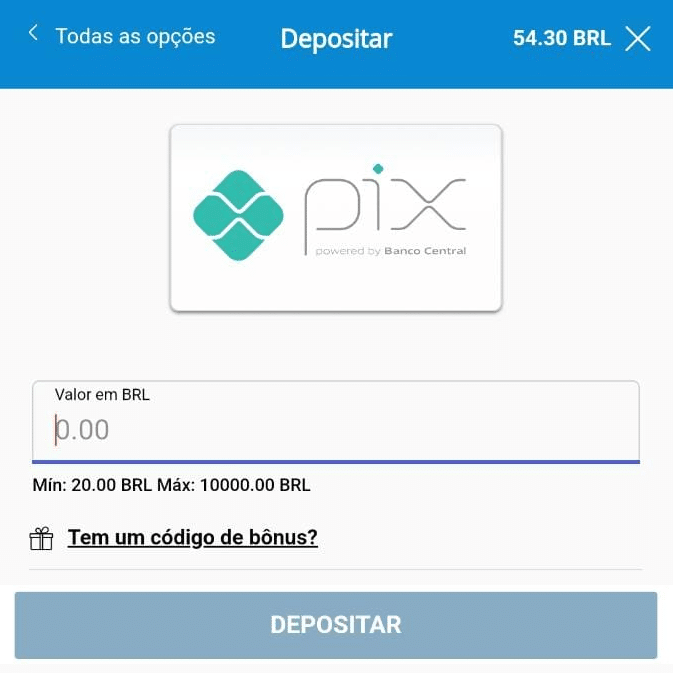 Seção de depósitos no site de apostas da Sportingbet com o método de pagamento PIX.