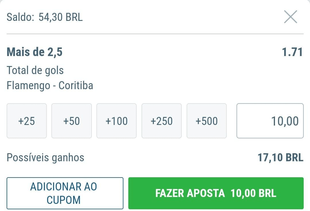 Exemplo do boletim de apostas da aposta em Mais de 2.5 Gols da partida entre Flamengo e Coritiba no site de apostas da Sportingbet.