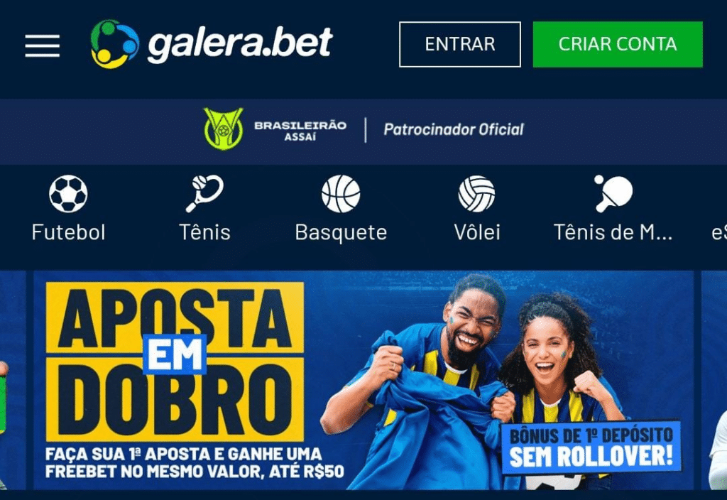 página inicial do site da galera bet mostrando um banner da promoção do bônus de boas vindas.