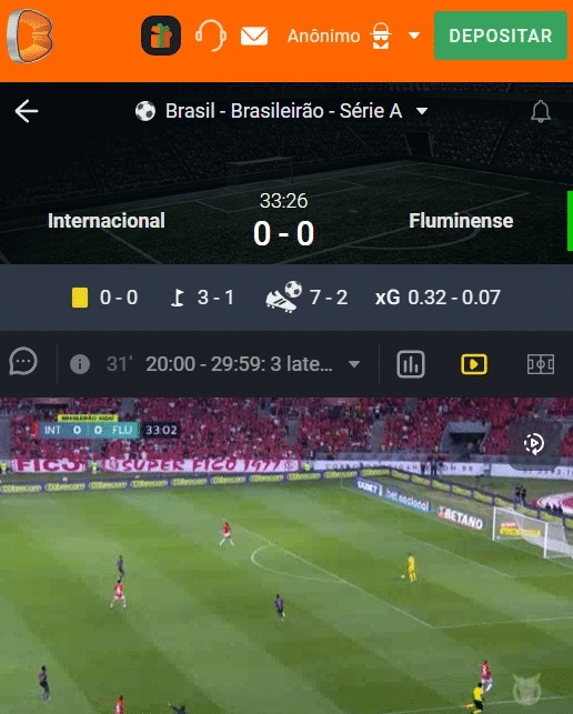 Exemplo da página de apostas ao vivo para Internacional e Fluminense válida pelo Brasileirão - Série A e transmitida no site de apostas da Betano.