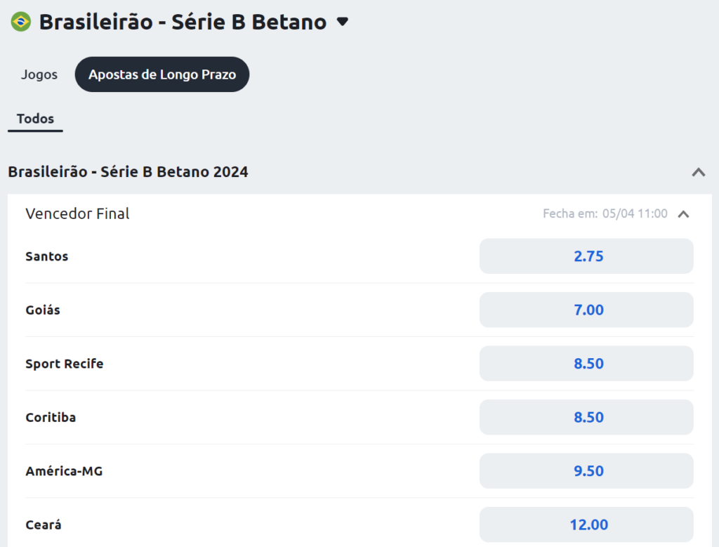 Cotações para aposta no time campeão do Brasieirão da Série B no site de apostas da Betano