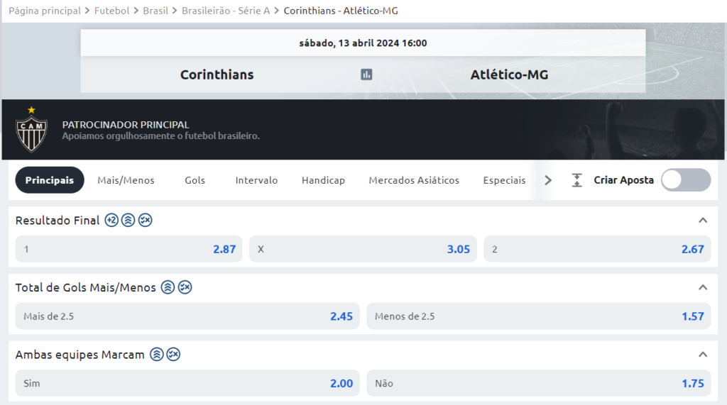 Página de apostas no site da Betano com os mercados de apostas para o jogo entre Corinthians x Atlético-MG