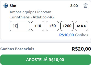 Exemplo de aposta no mercado de Ambas Equipes Marcam SIM no jogo entre Corinthians x Atlético-MG no site de apostas da Betano