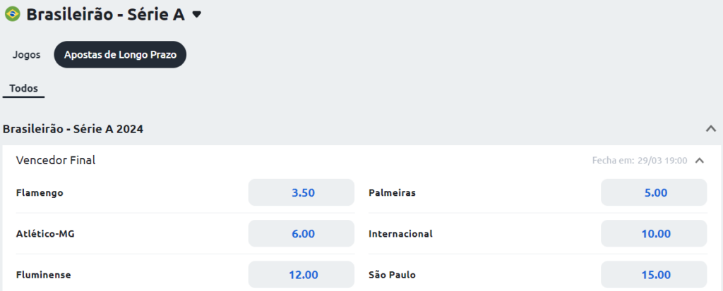 Mercado de longo prazo para o campeão do Brasileirão Série A 2024 no site de apostas da Betano