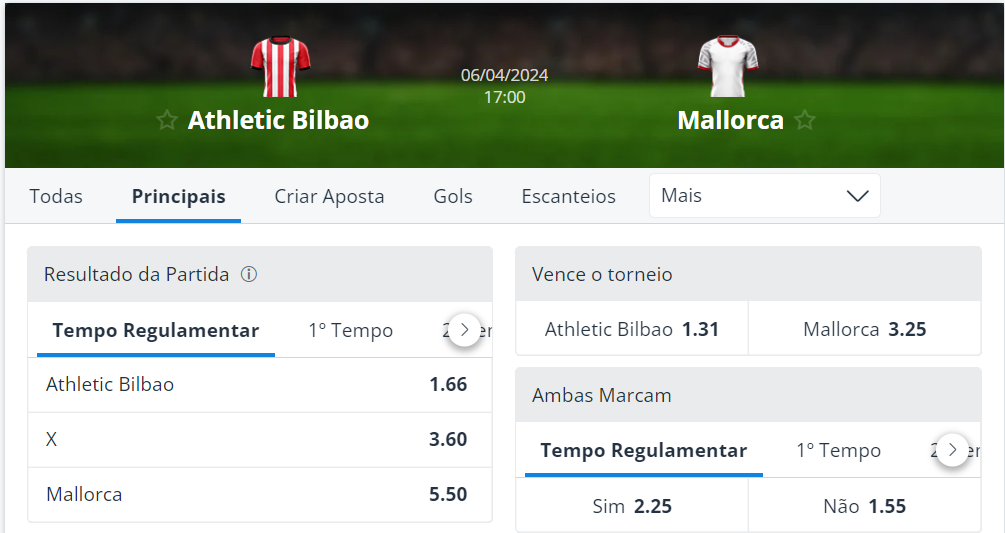Página de apostas da final da Copa do Rei entre Athletic Bilbao e Mallorca no site de apostas da Sportingbet.