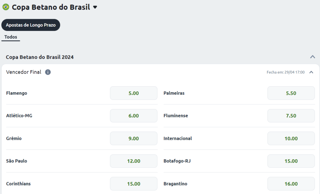 Odds para o mercado de campeão da Copa do Brasil 2024 no site de apostas da Betano.