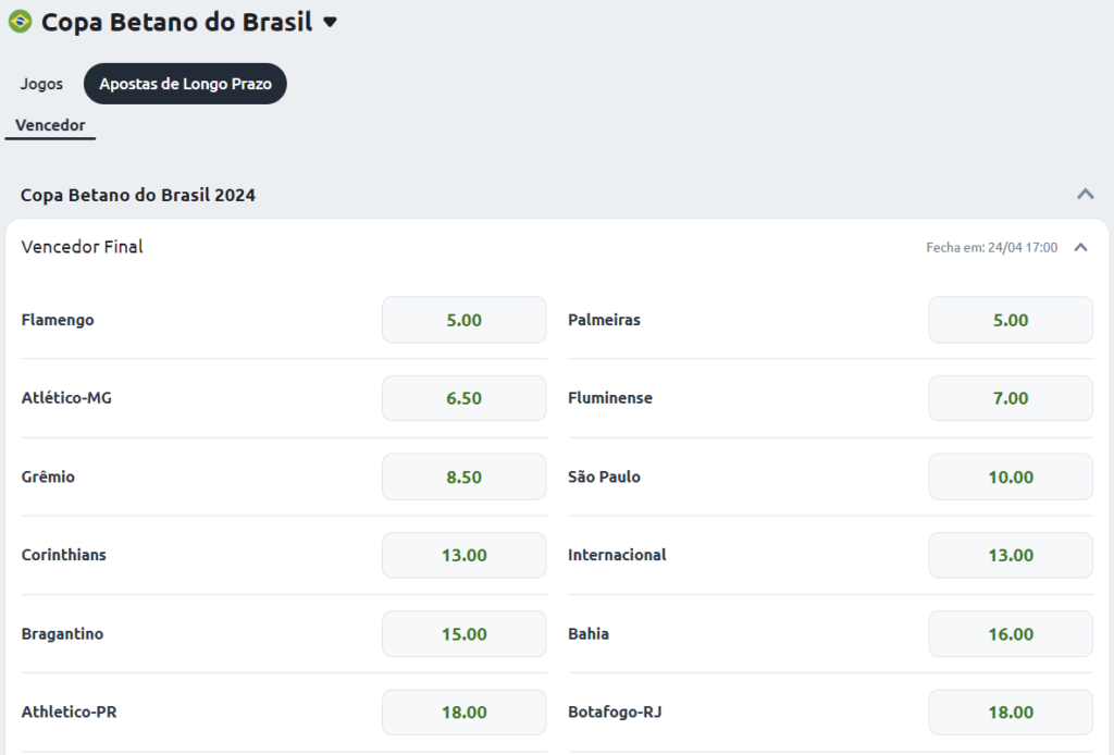 Mercado de campeão da Copa do Brasil no site de apostas da Betano