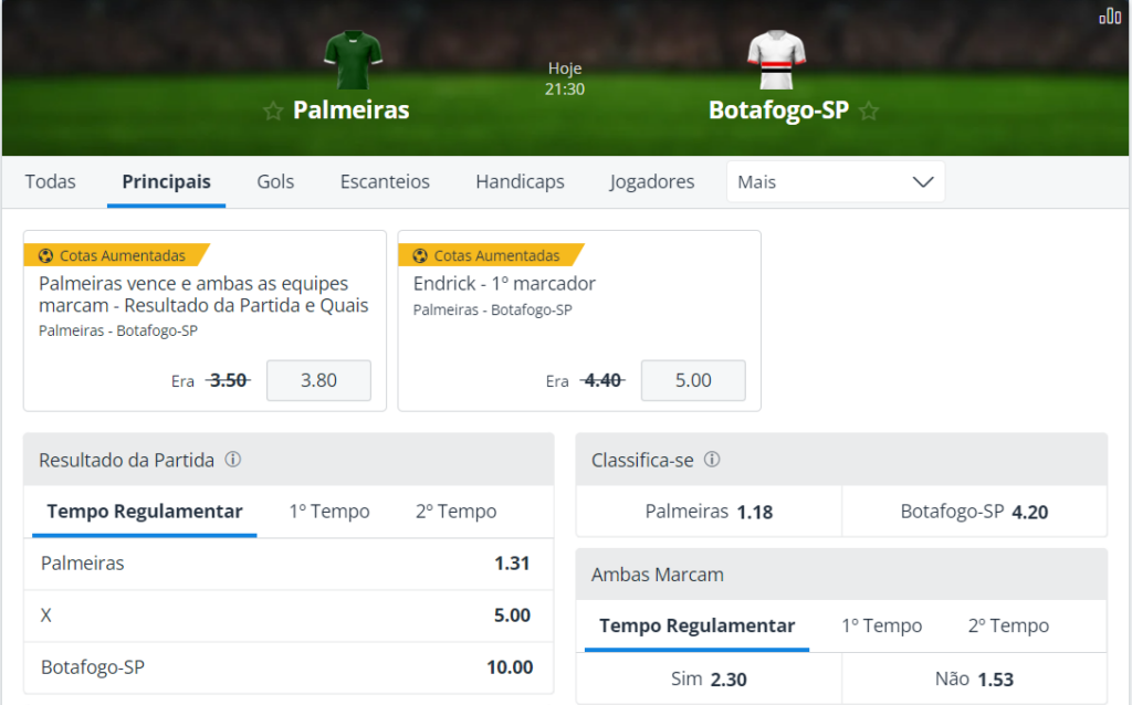 Página de apostas para o jogo entre Palmeiras x Botafogo-SP