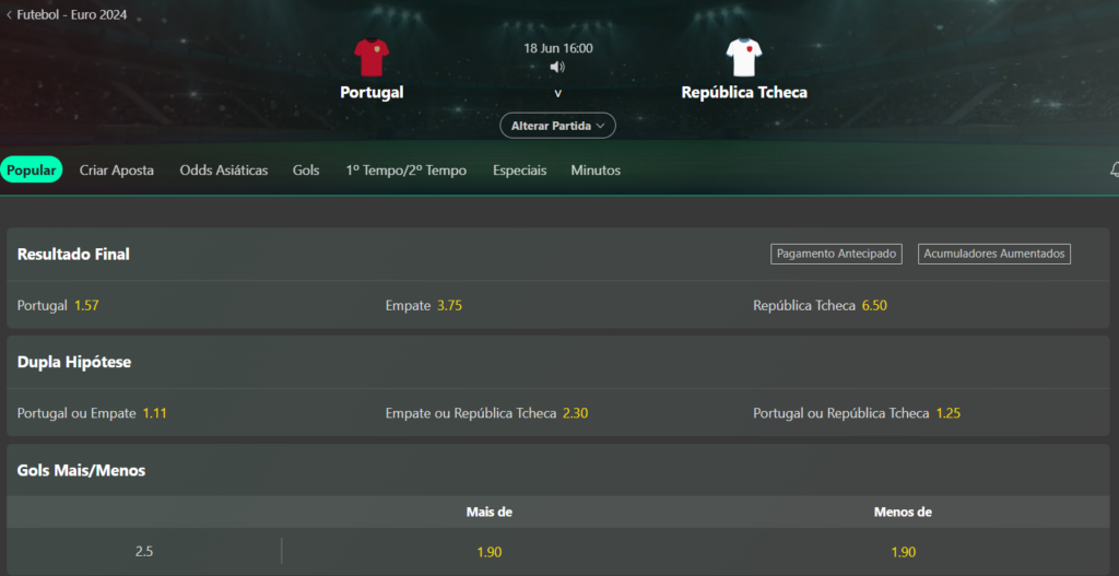 Página de apostas para o jogo entre Portugal e República Tcheca