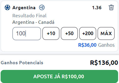 Exemplo de aposta na vitória da Argentina no site de apostas da Betano