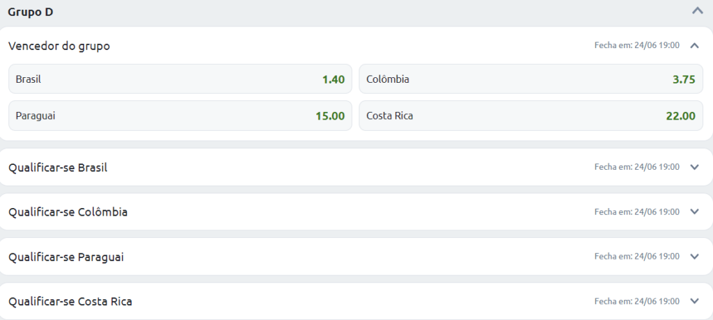 Apostas para o grupo D da Copa América no site de apostas da Betano
