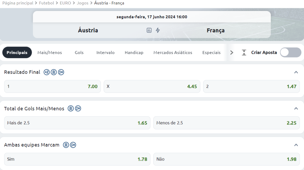 Página de apostas do jogo entre Áustria e França na casa de apostas da Betano