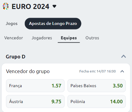Odds de apostas para ganhador do grupo D da Eurocopa na Betano